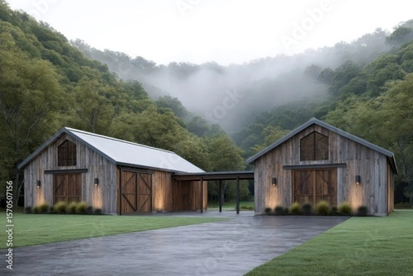 Obraz Twin barn-style units connected by breezeway fog rolling background trees gentle top-down light on timber siding cinematic haze