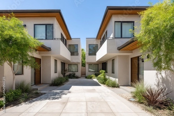 Obraz Twin duplexes sharing a central courtyard wide angle lens capturing symmetrical fa??A section ade bright midday shadows smooth stucco textures