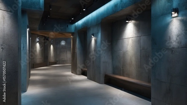 Obraz Underground venue chamber with glowing recessed wall lights high ambient occlusion in textured concrete seams moody palette of