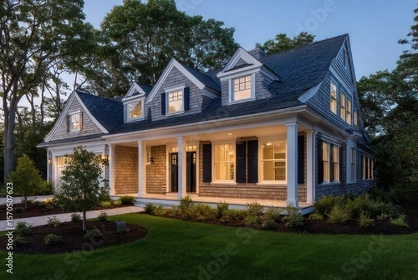 Obraz Two-toned Cape Cod home with navy shutters white siding dramatic top-down lighting casting symmetrical roof shadows rich texture