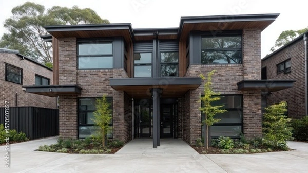 Obraz Urban duplex linear brickwork blackened steel canopy captured in moody overcast with cinematic grading muted tones natural reflection