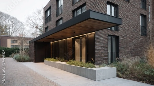 Obraz Urban duplex linear brickwork blackened steel canopy captured in moody overcast with cinematic grading muted tones natural reflection
