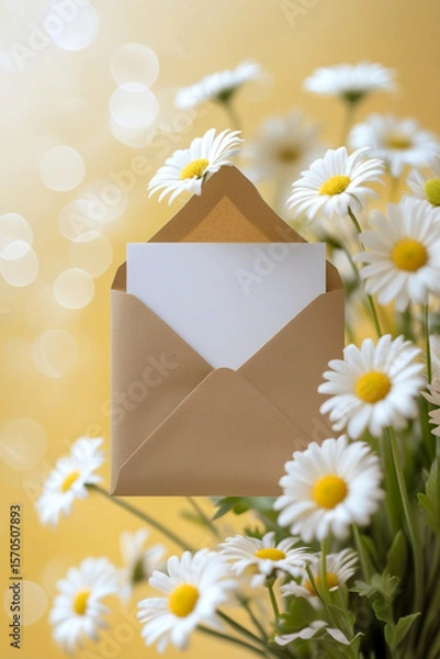 Obraz Daisy Flowers and Blank Envelope with Copy Space