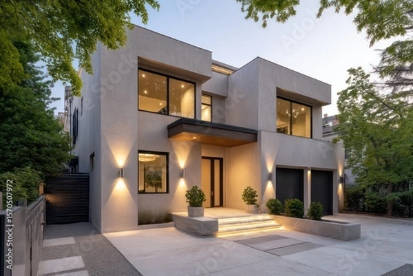 Obraz Urban duplex rendered in soft pink dusk light rear alley view with side-mounted sconces casting cinematic rim lighting