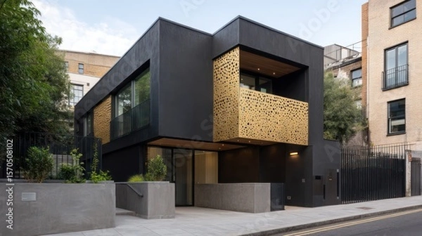 Obraz Urban duplex with smooth black render golden perforated metal balcony top-down daylight casting firm shadow blocks across entrance