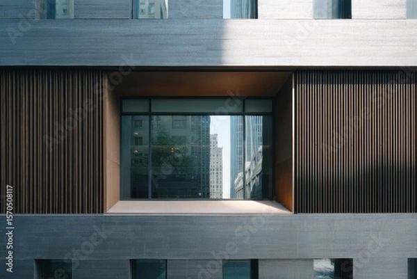 Obraz Urban duplex with vertical window fins bronze anodized aluminum cladding harsh midday light defined cast shadows tight composition
