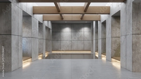 Obraz Vaulted concrete space with modular partitions recessed ambient lighting concrete reflections soft mist layers in background