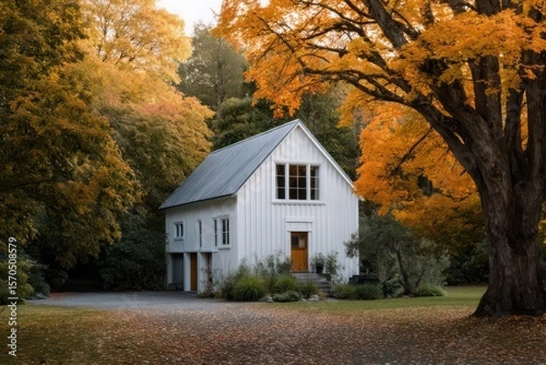 Obraz White barn-inspired house framed by autumn trees cool sidelight with soft bloom deep ambient shadows across clapboard siding