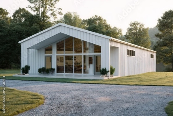 Obraz White metal barn with glass front gable sidelight bouncing off gravel driveway casting crisp shadows cinematic field depth