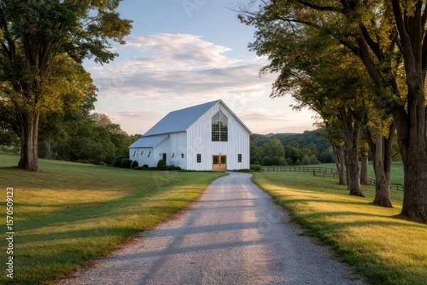 Obraz White metal barn with glass front gable sidelight bouncing off gravel driveway casting crisp shadows cinematic field depth