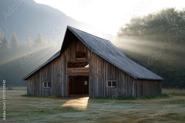 Obraz Wide barn with open gable ends sunset side lighting casting rich shadows soft contrast on dark stained timber