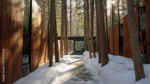 Obraz Winter forest path leading to modern chalet with vertical timber slats side-lit afternoon sun casting dappled shadows from
