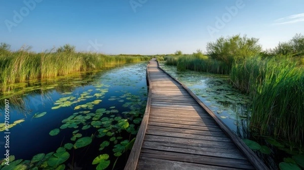 Obraz Wooden boardwalk water-lily covered wetland high side light with clear water reflection motion blur on reeds moss green