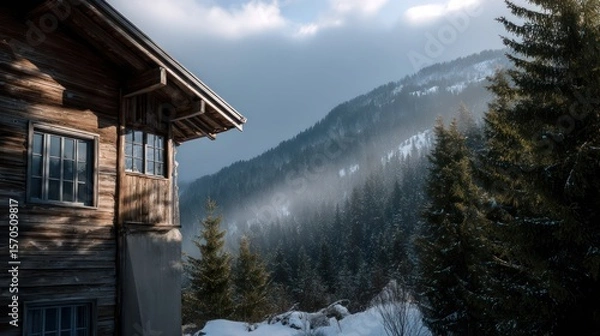 Obraz Wooden chalet nestled between snow-covered pine trees side-lit by early morning light casting sharp directional shadows detailed grain