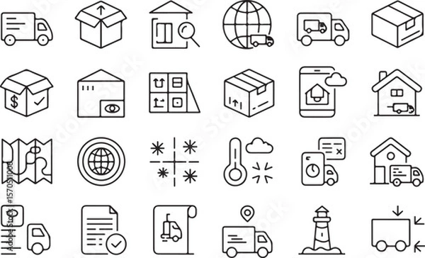 Fototapeta Logistics supply chain business process line icon set. Vector pictograms of route, packaging, freight, proof, digital, document, forecast, demand, thin linear illustration. 