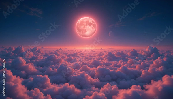 Obraz Magical Full Moon Rising Over a Sea of Pink and Blue Clouds at Twilight with a Dreamy Sky and Starry Atmosphere