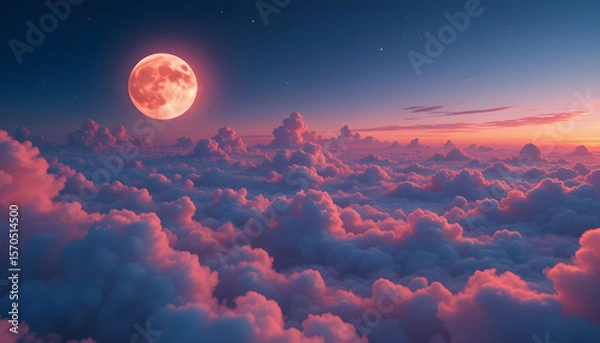 Obraz Magical Full Moon Rising Over a Sea of Pink and Blue Clouds at Twilight with a Dreamy Sky and Starry Atmosphere