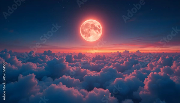 Obraz Magical Full Moon Rising Over a Sea of Pink and Blue Clouds at Twilight with a Dreamy Sky and Starry Atmosphere