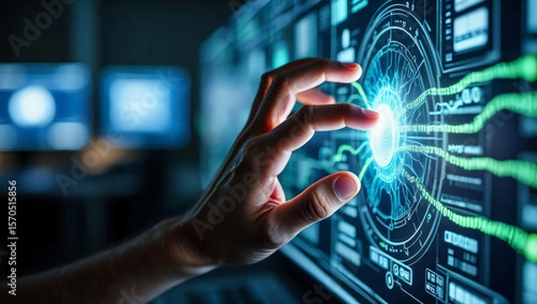 Fototapeta hand pushing a touch screen interface