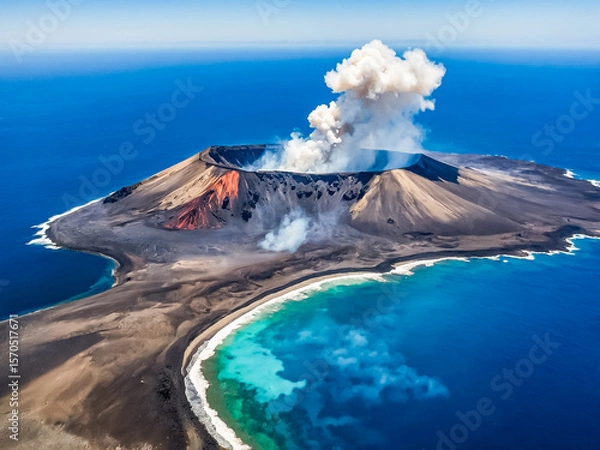Fototapeta Aerial view of an active volcano at the black sand beach on the seashore of the blue sea. Generated AI.