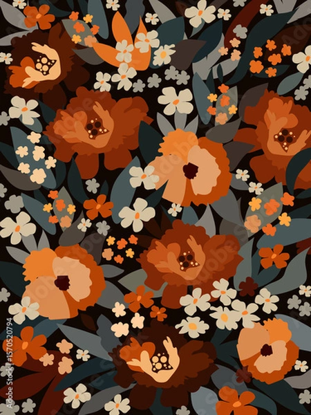 Fototapeta Floral canvas with leaves in brown tones on a black background. 
