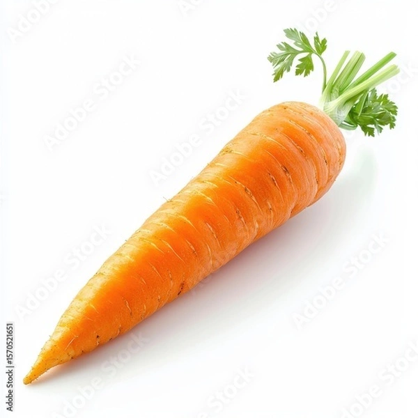 Fototapeta Single Orange Carrot with Green Top on White Background