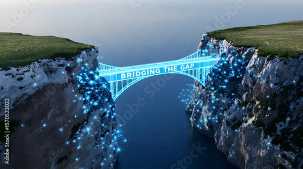 Obraz Digital bridge spans sea gap connecting cliffs, promoting tech growth, data transfer concept