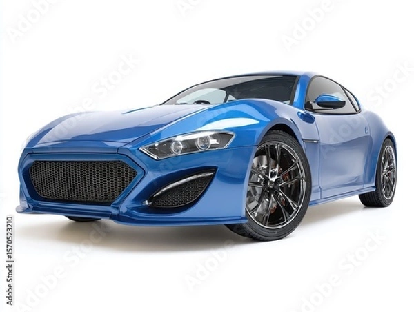 Fototapeta Sleek Blue Modern Sports Coupe on White Background