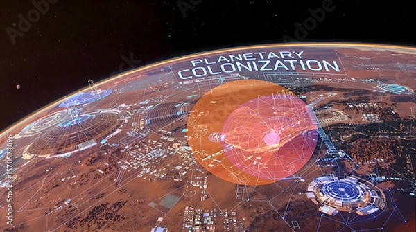 Obraz Mars colonization interface, overlaying urbanized structures and red planet surface