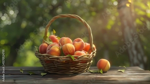 Fototapeta A basket of peaches placed on a wooden table outdoors