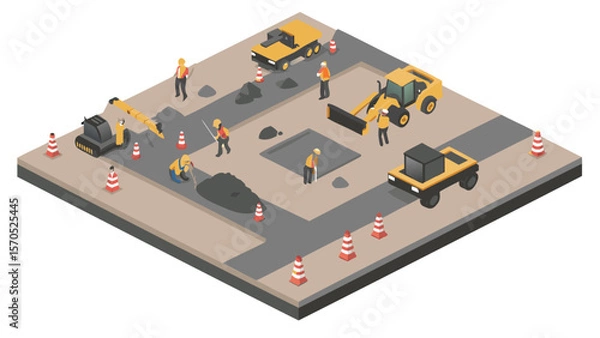 Fototapeta Isometric view of road construction site with workers, vehicles, and safety cones in a stylized scene