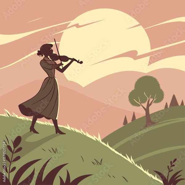 Fototapeta A woman reaching for falling pink leaves under a tree near a lake with distant hills and a cloudy sky