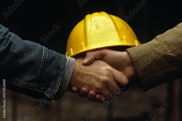 Fototapeta Close-up of a yellow safety helmet on a table as contractor and customer shake hands after confirming plans to build a home, Generative AI