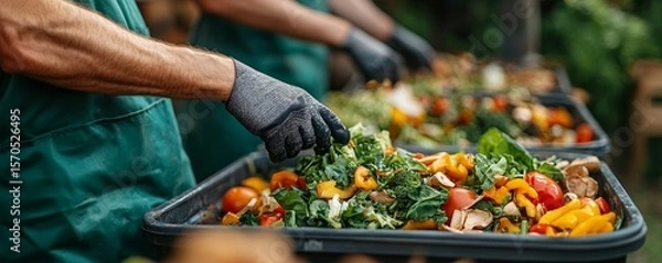 Fototapeta Food waste environmental concept, people throwing food waste into a bin to prepare for decomposition and recycling, Generative AI