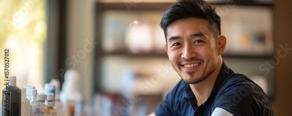 Fototapeta Happy Asian man proudly showing his arm with a bandage after getting a vaccine, Generative AI