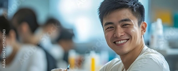 Fototapeta Happy Asian man proudly showing his arm with a bandage after getting a vaccine, Generative AI