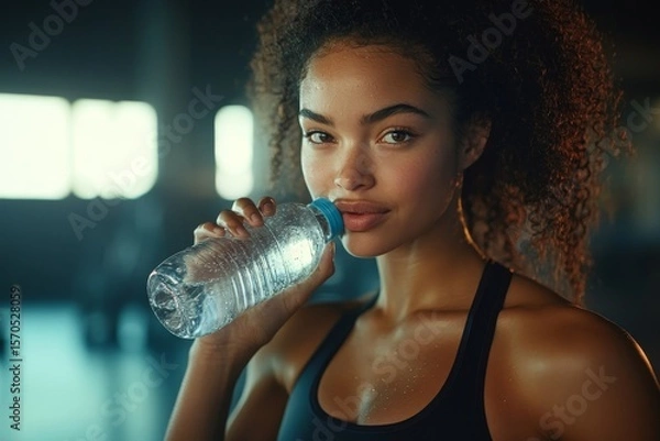 Fototapeta Pretty woman drinking water from a bottle in the gym after a workout, staying hydrated and refreshed, Generative AI