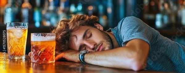 Fototapeta Drunk person sleeping at a bar with an alcohol drink in hand, Generative AI