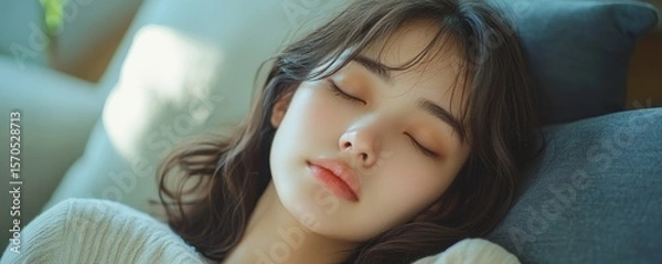 Fototapeta Well-being peaceful mind lifestyles concept, close-up hand of a young Asian woman focusing on breath for mindfulness while relaxing on the sofa, Generative AI