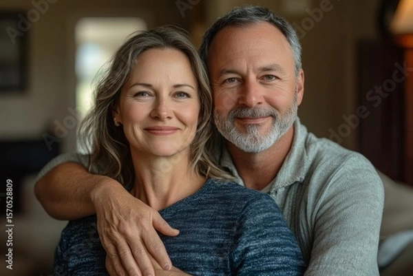 Fototapeta Happiness in a mature couple, with the wife giving her husband a shoulder massage in the living room, displaying affection and care, Generative AI