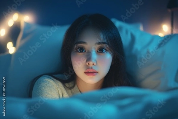 Fototapeta Close-up alarm clock with a young Asian woman  in bed, experiencing insomnia, Generative AI