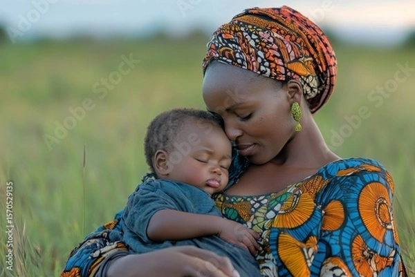 Fototapeta African mother and baby, sharing a tender and loving moment together in a peaceful and nurturing environment, Generative AI
