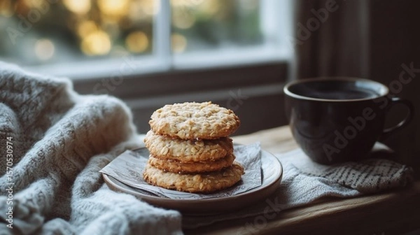 Fototapeta Golden Anzac biscuits made with oats and coconut, stacked on a napkin-lined plate with a hot cup of black tea in a cozy, home-style setting.