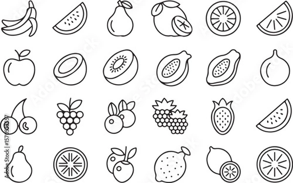 Fototapeta Set of fruits icons vector illustration.Fruits line icon set. Vector pictograms of banana, orange, strawberry, grapes, pineapple, mango, blueberry, raspberry, lime, kiwi, papaya, pomegranate, coconut,