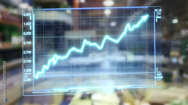 Obraz Holographic chart rises within supermarket, displaying increasing sales data, with blurred shelves. Use financial analysis