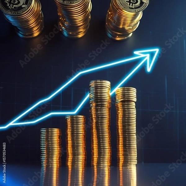 Fototapeta Top-down perspective of glowing golden coin stacks forming a bar graph, blue neon arrow line showing upward trend, futuristic digital finance theme, dark background with grid lights.
