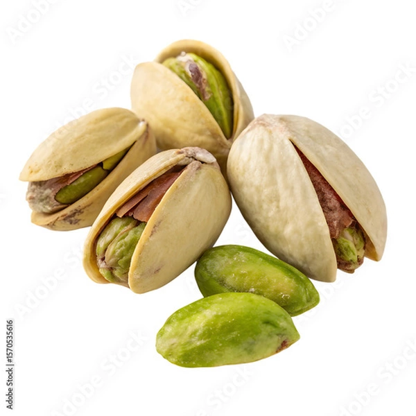 Fototapeta A pile of delicious pistachios with some shelled kernels isolated on transparent background