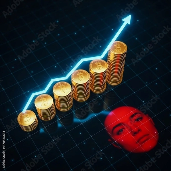 Fototapeta Top-down perspective of glowing golden coin stacks forming a bar graph, blue neon arrow line showing upward trend, futuristic digital finance theme, dark background with grid lights.