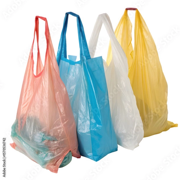 Fototapeta Four colorful plastic shopping bags arranged in a row isolated on transparent background