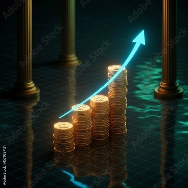 Fototapeta Top-down perspective of glowing golden coin stacks forming a bar graph, blue neon arrow line showing upward trend, futuristic digital finance theme, dark background with grid lights.